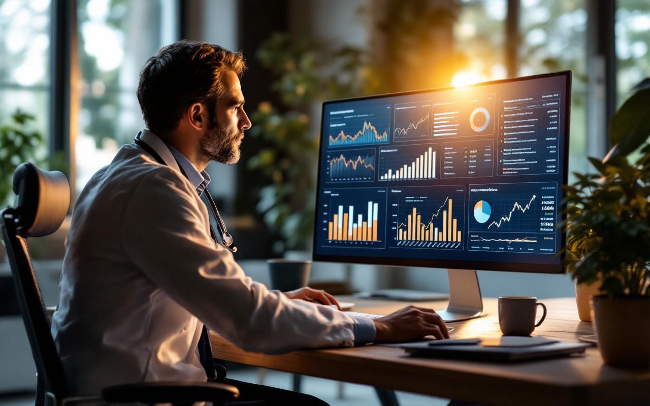 Docteur et comptable examinant des rapports financiers numériques affichés sur un grand écran dans un bureau moderne, lumière chaude et naturelle, bureau en bois et plante en arrière-plan.