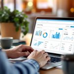 Professionnel indépendant assis à un bureau en bois, travaillant sur un ordinateur portable affichant le tableau de bord d'un logiciel de comptabilité avec graphiques et factures, tasse de café, éclairage naturel doux.