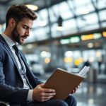 Dirigeant de PME consultant un dossier d’assurance voyage d’affaires sur un ordinateur portable dans un aéroport, ambiance professionnelle.
