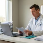 Cabinet médical moderne et lumineux, un médecin au bureau examine des dossiers avec un ordinateur, ambiance professionnelle rassurante.