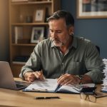 Médecin libéral dans son cabinet analysant un contrat de prévoyance sur un bureau avec dossiers, ordinateur portable et calculatrice.