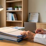 Un cabinet médical moderne et rassurant : un bureau de consultation avec des dossiers classés et un ordinateur, lumière douce et ambiance professionnelle.