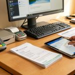Bureau de PME de services avec terminal de paiement par carte bancaire, caisse et bulletin de paie, en cours d’enregistrement de pourboires reçus.
