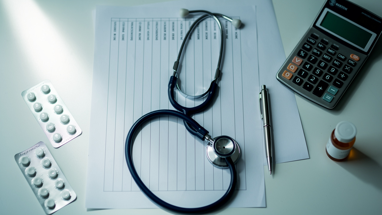 Bureau médical avec des documents vierges disposés pour comparer des contrats de prévoyance, une calculatrice et un stéthoscope.