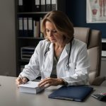Une femme médecin examine des documents financiers vierges et un dossier de prévoyance professionnelle sur son bureau, dans un cabinet sobre et réaliste.