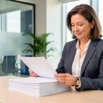 Une dirigeante examine des documents d’assurance vierges dans un bureau moderne, lumineux et professionnel.