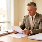 Un homme entrepreneur analyse des documents financiers vierges sur un bureau en bois dans un bureau moderne et lumineux.