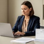 Une dirigeante prépare un dossier de création de société sur un ordinateur, avec des documents juridiques vierges et une attestation bancaire sur un bureau moderne.