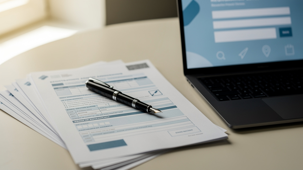 Vue rapprochée de documents administratifs de société, de justificatifs de domiciliation et d’un ordinateur affichant une interface abstraite de procédure en ligne.
