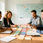 Équipe marketing composée de deux femmes et de deux hommes planifiant une stratégie de contenu autour d’une table dans un bureau moderne et lumineux.