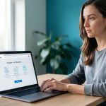 Une femme contacte le support client depuis un bureau moderne tandis qu’un ordinateur affiche une interface abstraite de vérification de paiement.