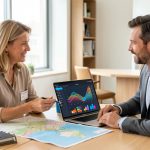 Une dirigeante d’une petite entreprise touristique échange avec un conseiller dans un bureau lumineux, entourée de cartes de destinations et d’un ordinateur affichant un tableau de bord visuel.