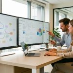 Équipe marketing composée de deux femmes et d’un homme analysant un parcours client numérique abstrait sur de grands écrans, dans un bureau moderne et lumineux.