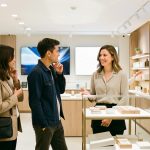 Magasin moderne et lumineux avec deux femmes et un homme, accompagnés par une conseillère souriante dans une ambiance professionnelle.